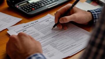 Close-up view of hands filling out a 2023 tax form. photo
