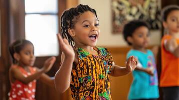 Young girl expresses joy during an african dance class. photo