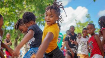 Joyful children playfully interacting outdoors. photo