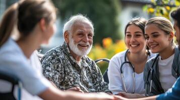 Elderly man surrounded by caring healthcare professionals. photo