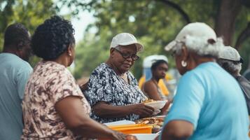 Elderly individuals sharing food outdoors in a community setting. photo