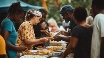 Diverse community members partake in a communal meal. photo