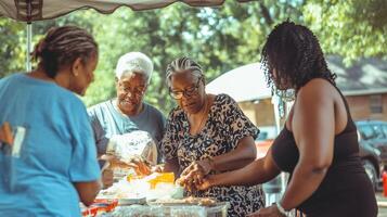 Community members collaborate on a food distribution event outdoors. photo