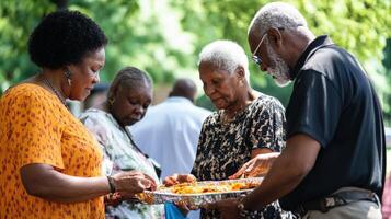 Older adults sharing a meal outdoors. photo