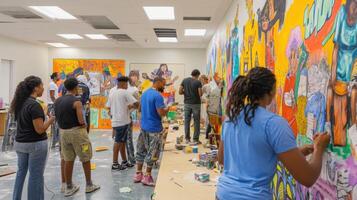 Diverse group collaborates on a vibrant mural project. photo