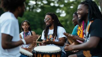 Diverse group of people playing drums outdoors. photo