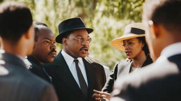 Diverse group listens intently to a speaker in a park setting. photo