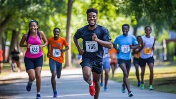 Diverse group of runners competing in a park race. photo