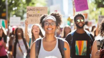 Diverse group marching with protest signs. photo