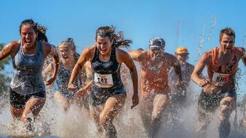 Excited runners navigate a muddy water obstacle course. photo