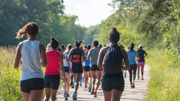Diverse group of runners enjoys a trail run. photo