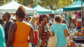 Diverse crowd browses colorful marketplace stalls. photo