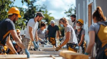 Community volunteers collaborate on a construction project. photo