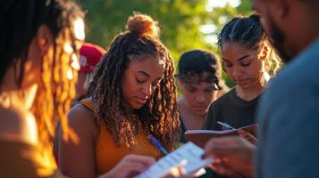 Diverse group of young people engaged in discussion and note-taking. photo