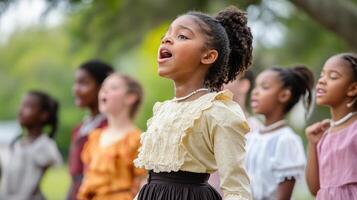 Young girls in historical costumes, singing a hymn outdoors. photo