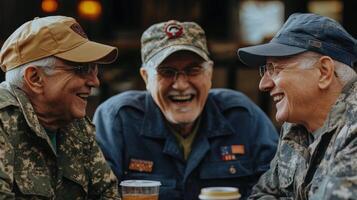 Three Older Men Laughing Together In An Outdoor Setting photo