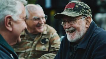 Three elderly men enjoy laughter together in outdoor daylight photo