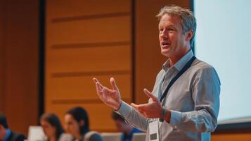 A man presents to an audience during a public speaking event photo