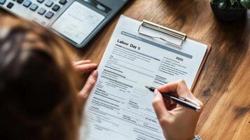 Person completing a labor form at a desk. photo