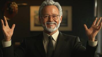 A smiling older man in a suit gestures with his hands photo