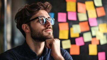 A thoughtful man is looking up with several colorful notes photo