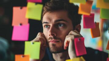 A man contemplates notes on a transparent surface with focus photo