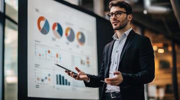Business professional making a presentation with charts and graphs on screen photo