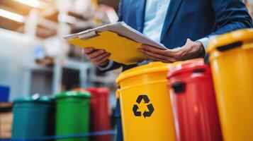 A person reviewing documents near several colorful waste bins photo
