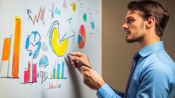A man is analyzing charts and graphs on a whiteboard photo