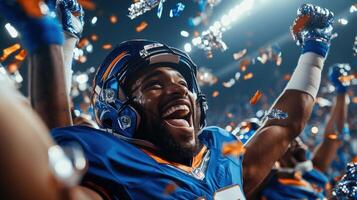Triumphant football player celebrates victory amidst confetti. photo