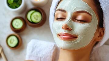 A woman is relaxing with a facial mask and cucumber slices photo