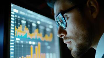A focused man wearing glasses observing a computer screen photo