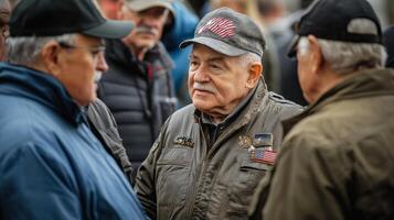 A group of elderly men conversing outdoors in the daylight photo