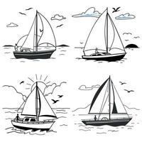 Simple sailing boat line drawings with calm ocean scenes and floating clouds for marine travel themes vector