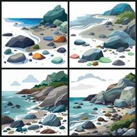 Beautiful rocky coast scenery with beach stones, waves, and marine elements in minimalist flat style vector
