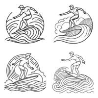Line art illustrations of surfers riding ocean waves in black and white with dynamic movement and splash effects vector