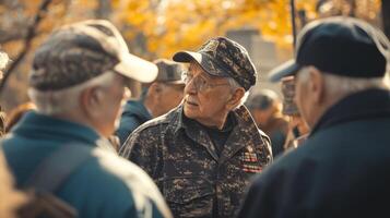 Elderly men are gathered together talking in an outdoor environment photo