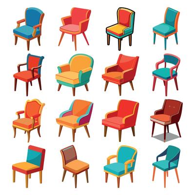 Collection of colorful wooden chairs in modern and retro interior style