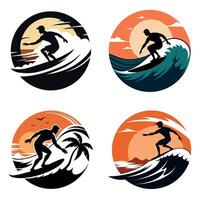 Surfer Silhouette Illustration Set with Sunset Waves in Circular Style vector