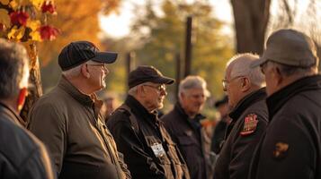 Several mature men gather outdoors in sunlight and conversation photo