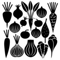 Collection of root and bulb vegetables in silhouette illustration on white background vector