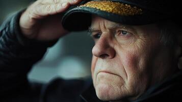 A senior gentleman is touching his hat in this portrait photo