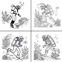 Underwater divers exploring coral reefs in black and white hand drawn illustration for ocean coloring and marine themes vector