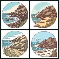 Set of scenic shore illustrations with ocean stones, soft waves, and nature elements in oval frames vector