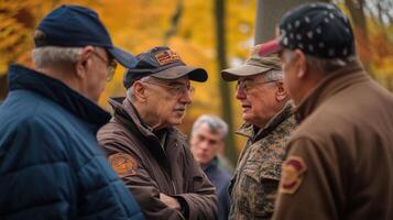 A group of senior men engage in friendly outdoor conversation photo