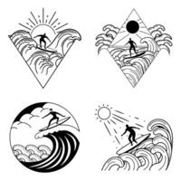 Surfing Illustration Set with Ocean Waves and Sun Elements in Line Art Style vector