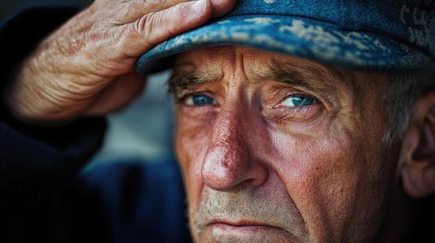 The elderly man looks directly at the camera with intent photo