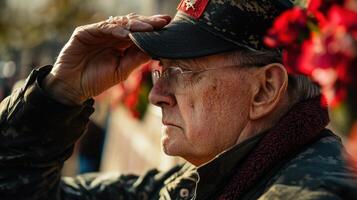 An elderly man in uniform salutes with a determined gaze photo