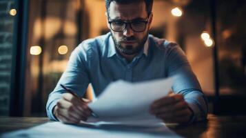 A man reads and analyzes documents in dim lighting photo