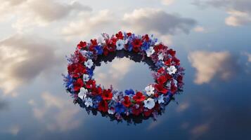 A vibrant floral wreath displayed on a reflective surface photo